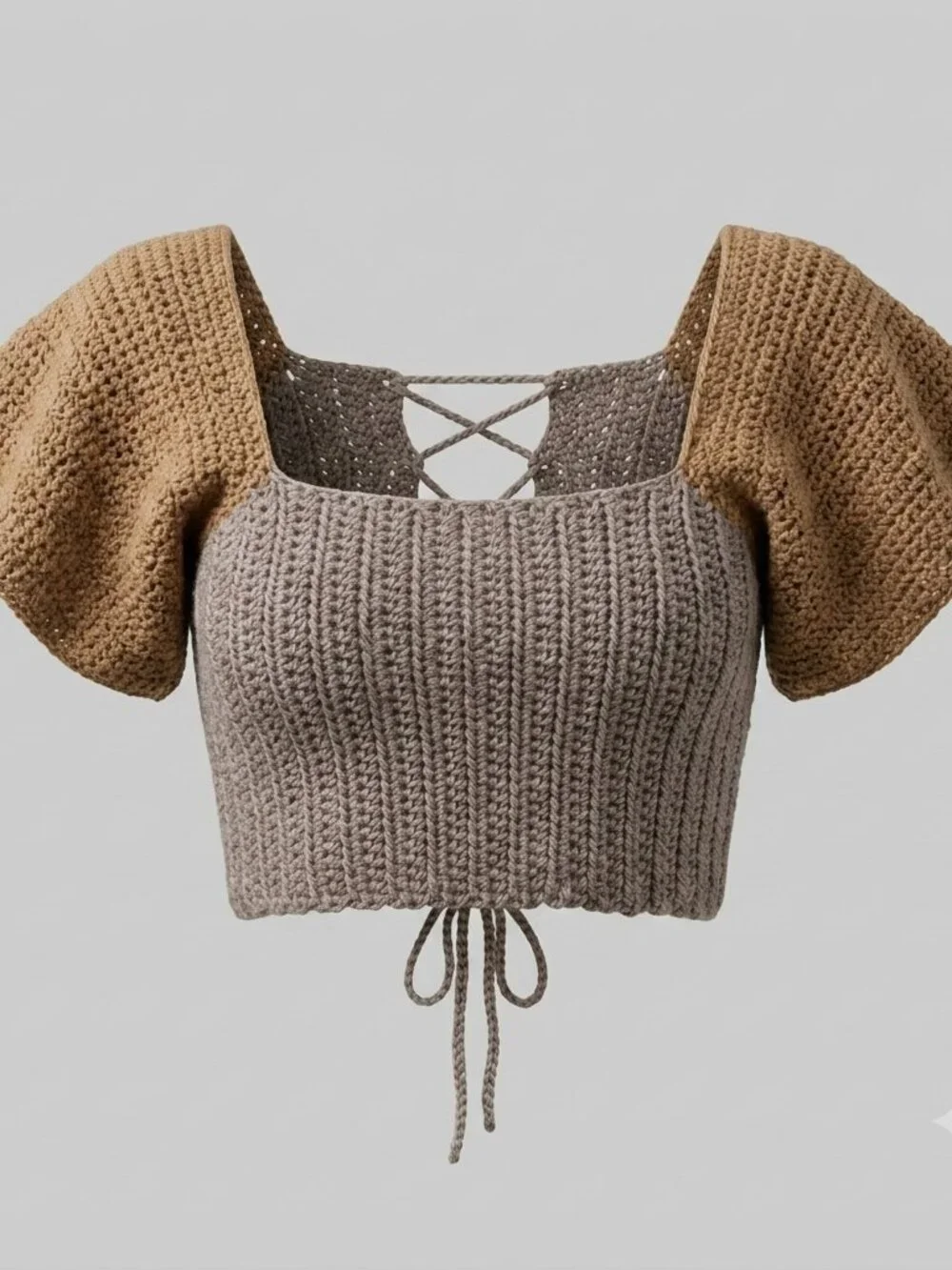 Two-Tone Beige Crochet Lace-Up Corset Crop Top Small/Medium